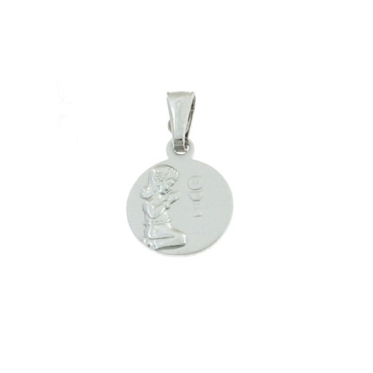 First communion medal satin and glossy white gold plated in 925 silver