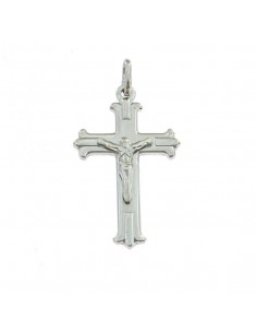 White gold plated smooth cross pendant with Christ and striped and scalloped points in 925 silver