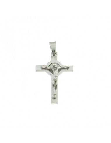 Cross plate pendant 30x20 mm. white gold plated with 925 silver christ