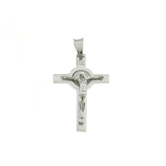 Ciondolo croce a lastra 30x20 mm. placcato oro bianco con cristo in argento 925