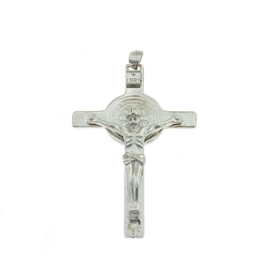 Ciondolo croce a lastra 32x50 mm. placcato oro bianco con cristo in argento 925