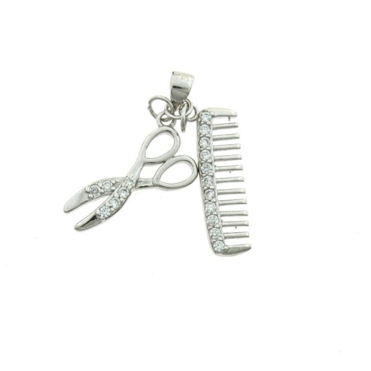 Ciondolo forbice e pettine placcato oro bianco semi zirconato in argento 925