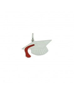 Graduation hat pendant in white gold plated with red enamel detail in 925 silver