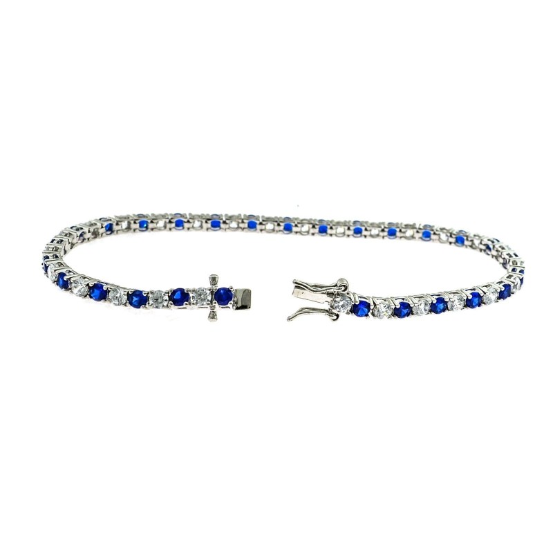 Bracciale tennis placcato oro bianco con zirconi bianchi e blu da 3 mm. in argento 925