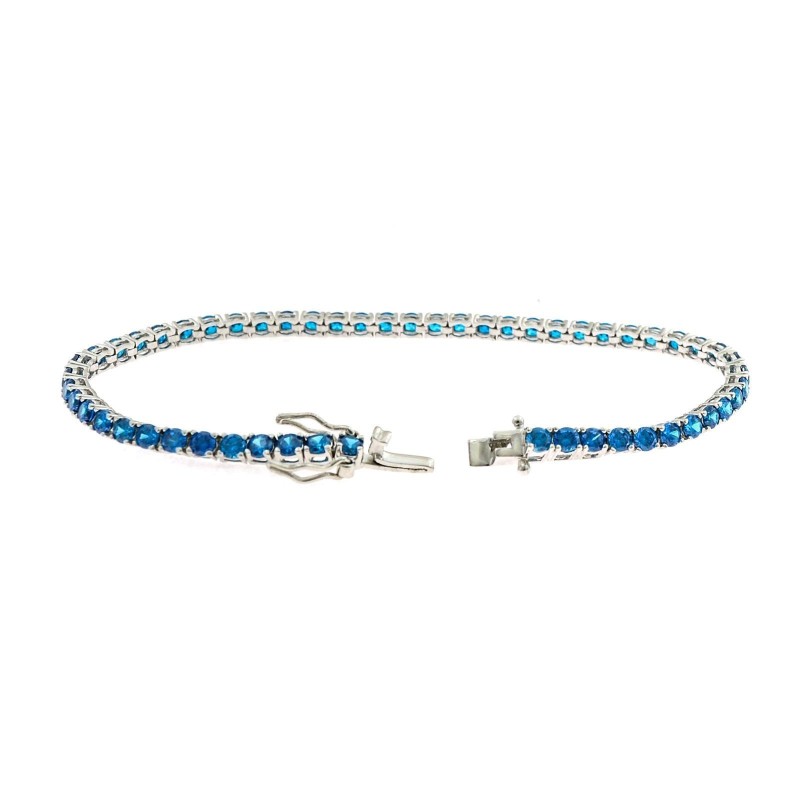 White gold plated tennis bracelet with 3 mm blue zircons. in 925 silver