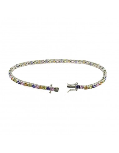 White gold plated tennis bracelet with multicolor zircons in pastel tones of 3 mm. in 925 silver