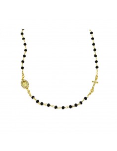 Yellow gold plated round rosary necklace with faceted black swarovski stone and 925 silver zircons