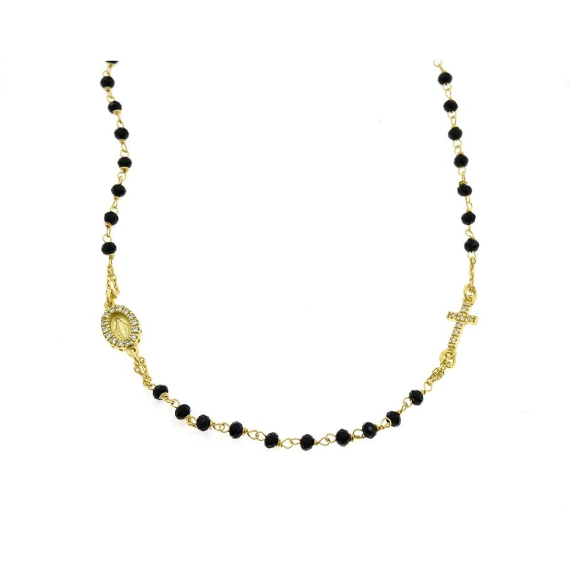 Yellow gold plated round rosary necklace with faceted black swarovski stone and 925 silver zircons