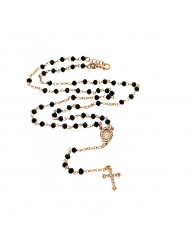 Collana rosario a Y placcata oro rosa con pietra swarovski nera faccettata e zirconi in argento 925