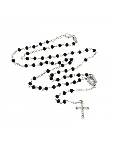 White gold plated Y rosary necklace with faceted black swarovski stone and 925 silver zircons