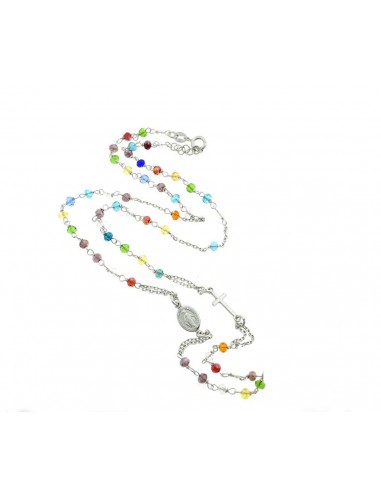 White gold plated round rosary necklace with multicolor swarovski stones in 925 silver