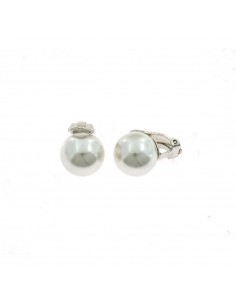 Orecchini perla a clips da ø 14 mm. su base placcata oro bianco in argento 925