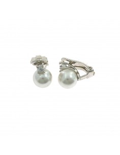 Orecchini perla a clips da ø 8 mm. su base placcata oro bianco con zircone in argento 925
