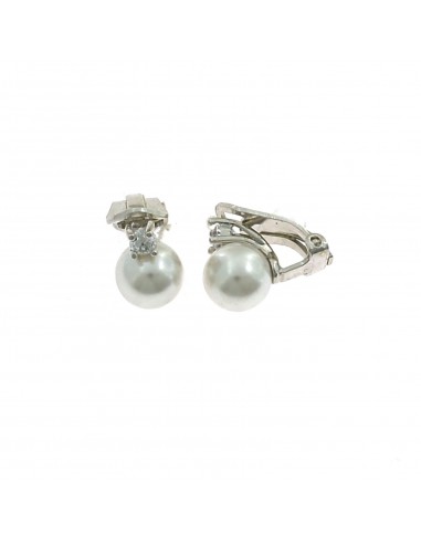 Orecchini perla a clips da ø 8 mm. su base placcata oro bianco con zircone in argento 925