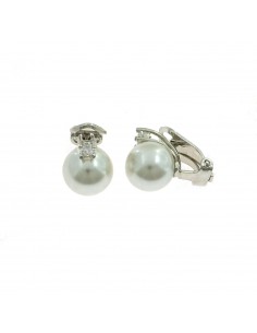 Orecchini perla a clips da ø 10 mm. su base placcata oro bianco con zircone in argento 925