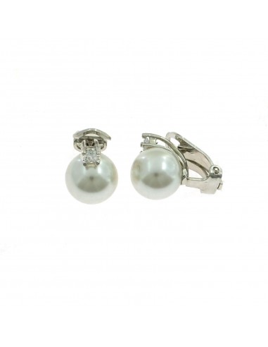 Orecchini perla a clips da ø 10 mm. su base placcata oro bianco con zircone in argento 925