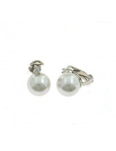 Orecchini perla a clips da ø 12 mm. su base placcata oro bianco con zircone in argento 925