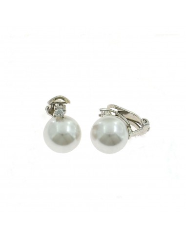 Orecchini perla a clips da ø 12 mm. su base placcata oro bianco con zircone in argento 925