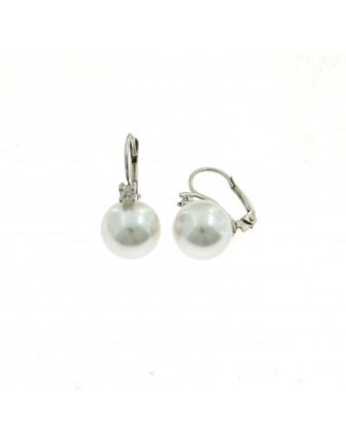 Orecchini perla ad amo da ø 12 mm. su base placcata oro bianco con zircone in argento 925