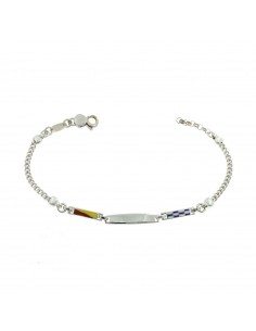 White gold plated curb link bracelet with polished central plate and 925 silver enamelled side plates