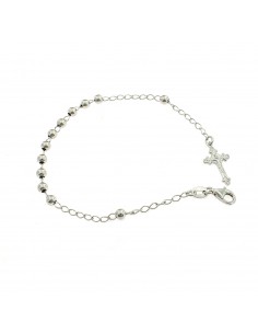 4mm smooth sphere rosary bracelet. white gold plated with cross fused with christ in 925 silver