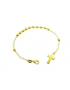 Bracciale rosario a sfera liscia da 5 mm. placcato oro giallo con croce bombata in argento 925