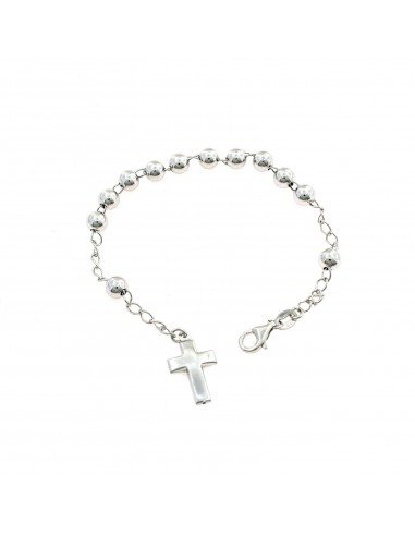 6 mm smooth sphere rosary bracelet. white gold plated with rounded cross in 925 silver