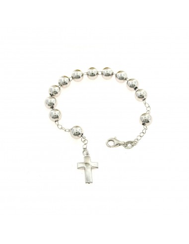 8 mm smooth sphere rosary bracelet. white gold plated with rounded cross in 925 silver