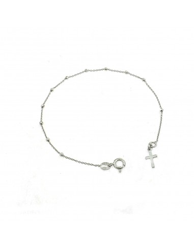 Bracciale rosario a sfera faccettata da 2 mm con croce a lastra placcato oro bianco in argento 925