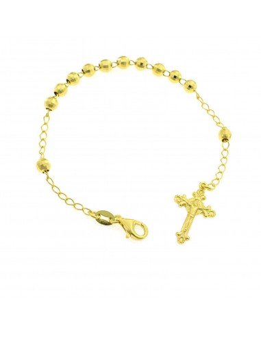 5 mm faceted sphere rosary bracelet. yellow gold plated with cross fused with christ in 925 silver