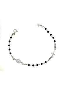 White gold plated black swarovski stones rosary bracelet with cross and madonna in 925 silver