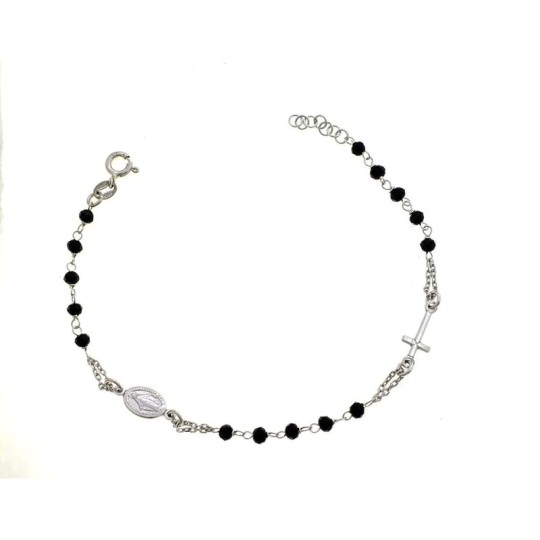 White gold plated black swarovski stones rosary bracelet with cross and madonna in 925 silver