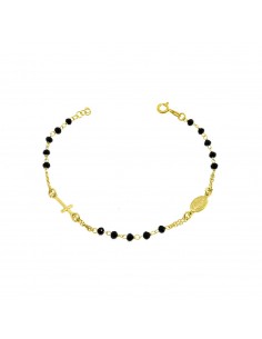 Rosary bracelet black swarovski stones yellow gold plated with cross and madonna in 925 silver