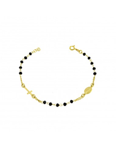 Rosary bracelet black swarovski stones yellow gold plated with cross and madonna in 925 silver