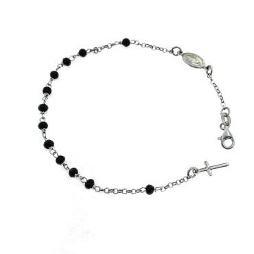 Bracciale rosario pietre swarovski nere placcato oro bianco con madonna e croce pendente in argento 925