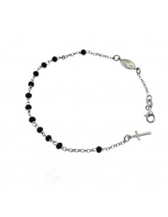 Rosary bracelet black swarovski stones white gold plated with madonna and cross pendant in 925 silver