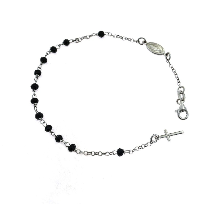 Rosary bracelet black swarovski stones white gold plated with madonna and cross pendant in 925 silver