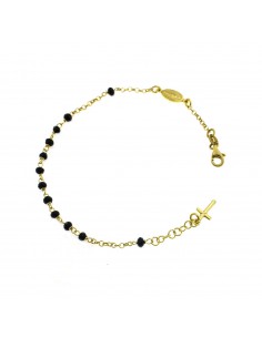 Rosary bracelet with black swarovski stones, yellow gold plated with madonna and cross pendant in 925 silver