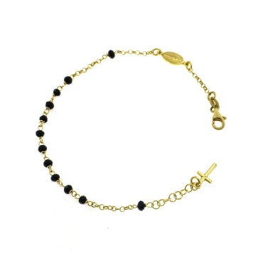 Rosary bracelet with black swarovski stones, yellow gold plated with madonna and cross pendant in 925 silver