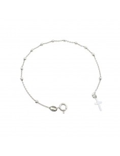 2.5mm smooth sphere rosary bracelet. white gold plated with 925 silver plate cross