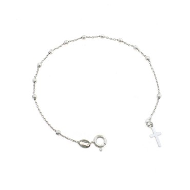Bracciale rosario a sfera liscia da 2,5 mm. placcato oro bianco con croce a lastra in argento 925