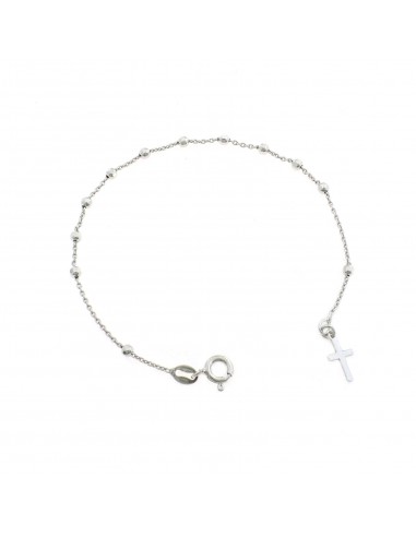 Bracciale rosario a sfera liscia da 2,5 mm. placcato oro bianco con croce a lastra in argento 925