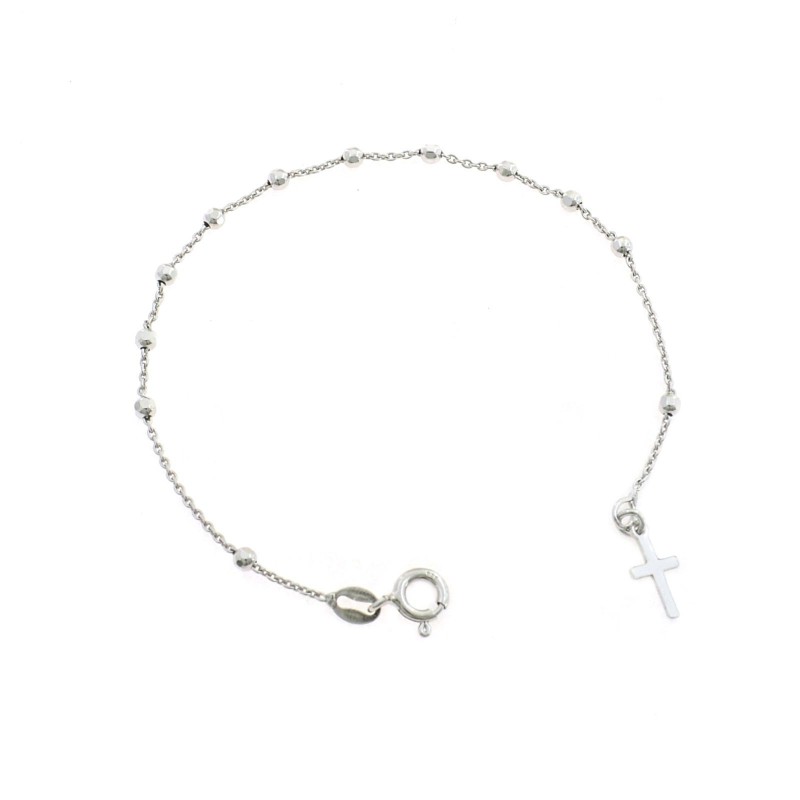 Bracciale rosario a sfera liscia da 2,5 mm. placcato oro bianco con croce a lastra in argento 925