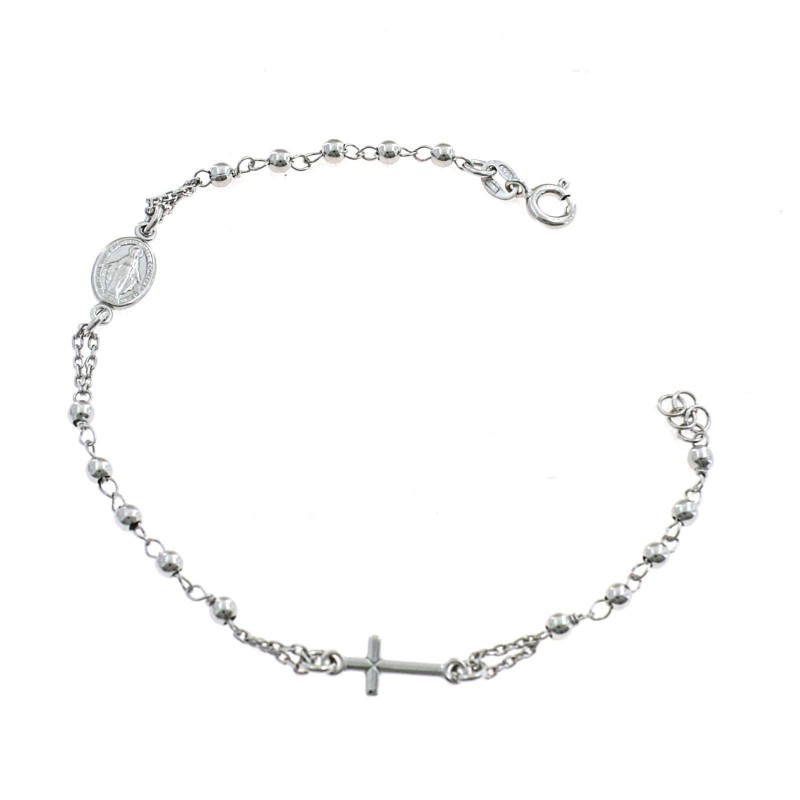 Bracciale rosario a sfera liscia da 3 mm con croce e madonna placcato oro bianco in argento 925