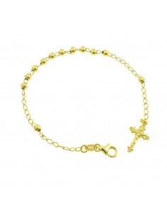 4mm smooth sphere rosary bracelet. yellow gold plated with cross fused with christ in 925 silver