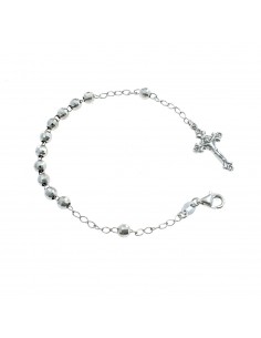 5 mm faceted sphere rosary bracelet. white gold plated with cross fused with christ in 925 silver