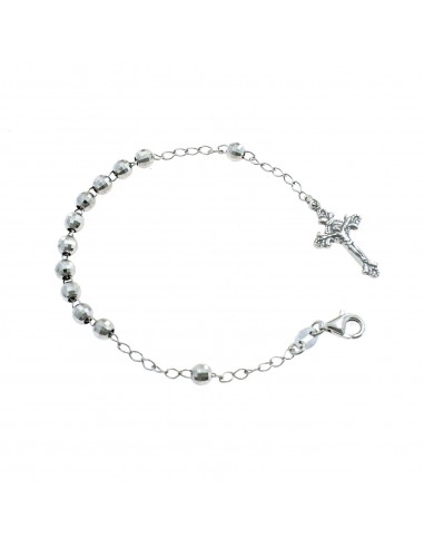 5 mm faceted sphere rosary bracelet. white gold plated with cross fused with christ in 925 silver