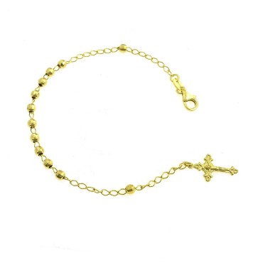 Bracciale rosario a sfera faccettata da 4 mm. placcato oro giallo con croce fusa con cristo in argento 925