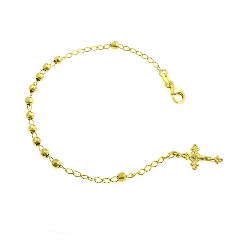 4 mm faceted sphere rosary bracelet. yellow gold plated with cross fused with christ in 925 silver