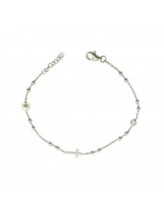 2.5mm smooth sphere rosary bracelet. white gold plated with central cross, pearl and side zircon in 925 silver